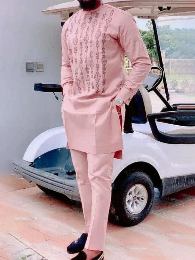 Stylish men's model wearing Luxury Casual White Geometric Print Suit in a chic outdoor setting, embodying sophistication and class.