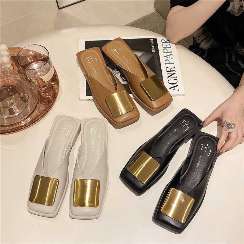 Elegant women's Baotou slippers featuring a luxurious metal buckle, crafted from soft PU material, ideal for summer fashion.