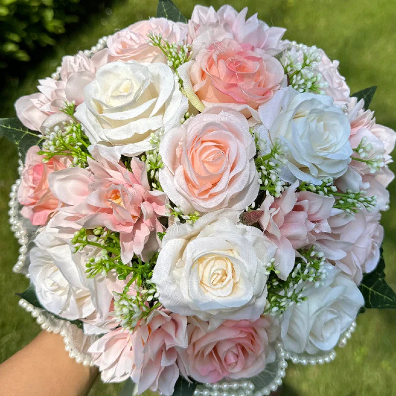 Elegant silk wedding bouquet featuring delicate babysbreath roses adorned with luxurious pearl lace, ideal for brides and bridesmaids.