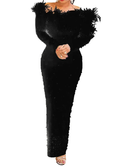 Stylish women's off-shoulder dress featuring a flattering empire waistline, ideal for middle-aged fashion-forward individuals seeking sophistication.