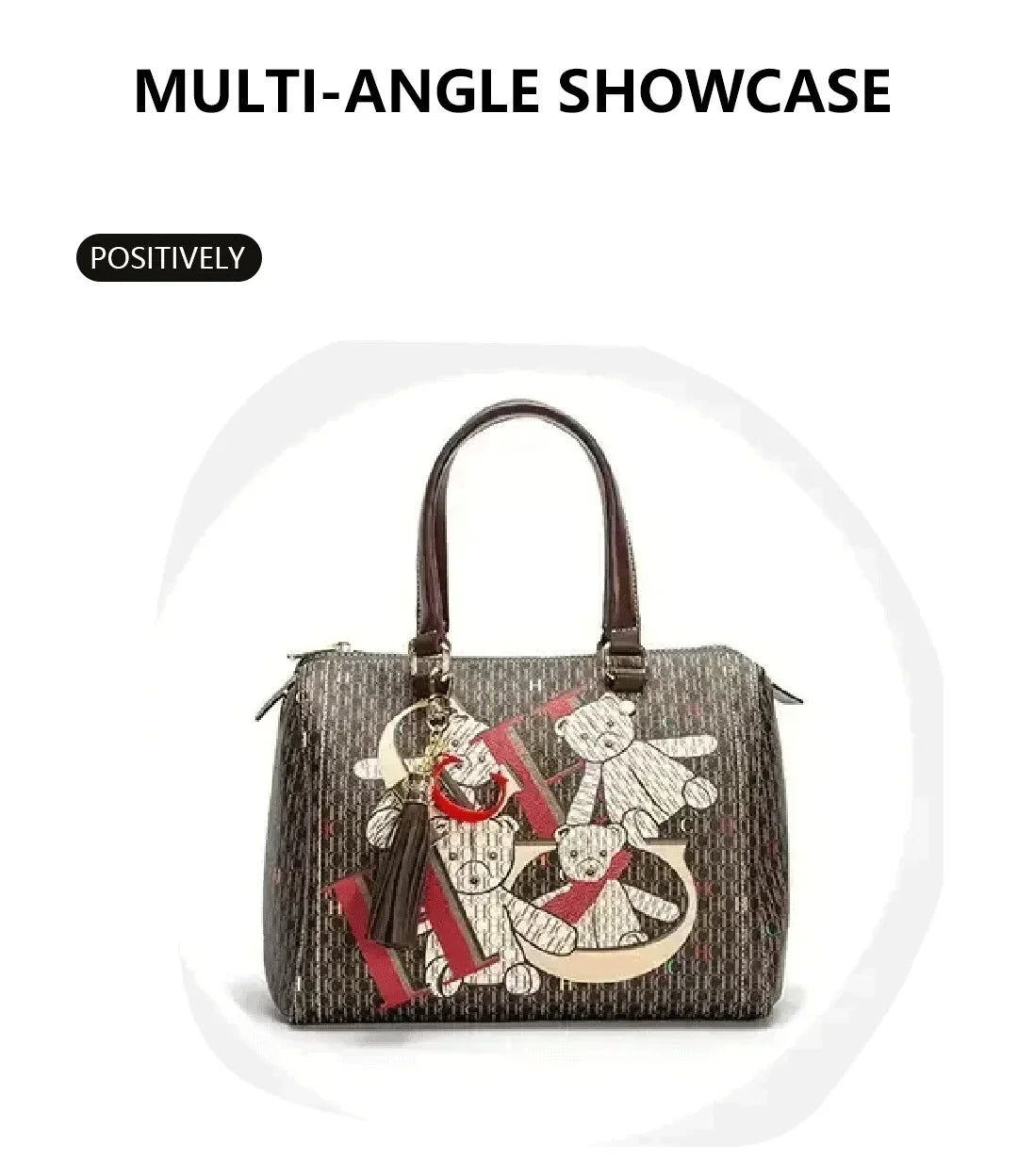 Versatile women's crossbody bag with a casual tote design, beautifully decorated with playful appliques and ribbons.