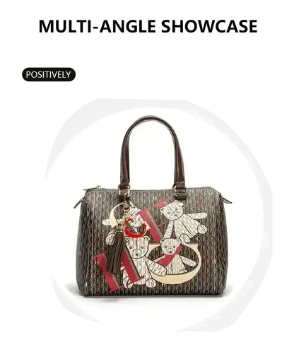 Versatile women's crossbody bag with a casual tote design, beautifully decorated with playful appliques and ribbons.