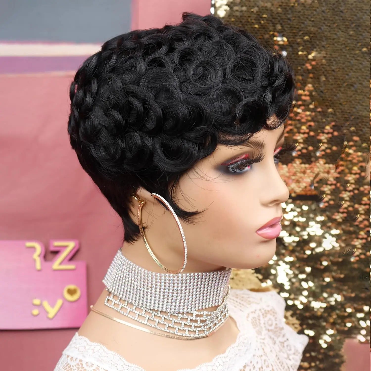 Close-up view of a high-quality curly pixie wig, highlighting its soft texture, perfect density, and comfortable average cap size for luxurious all-day comfort.