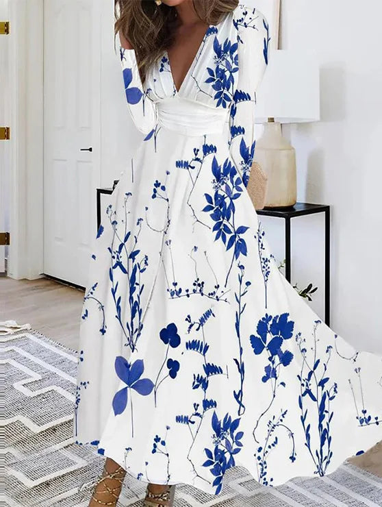Model showcasing the Elegant Autumn Floral Maxi Dress, demonstrating its full ankle-length and flattering slim fit ideal for casual yet chic autumn occasions.