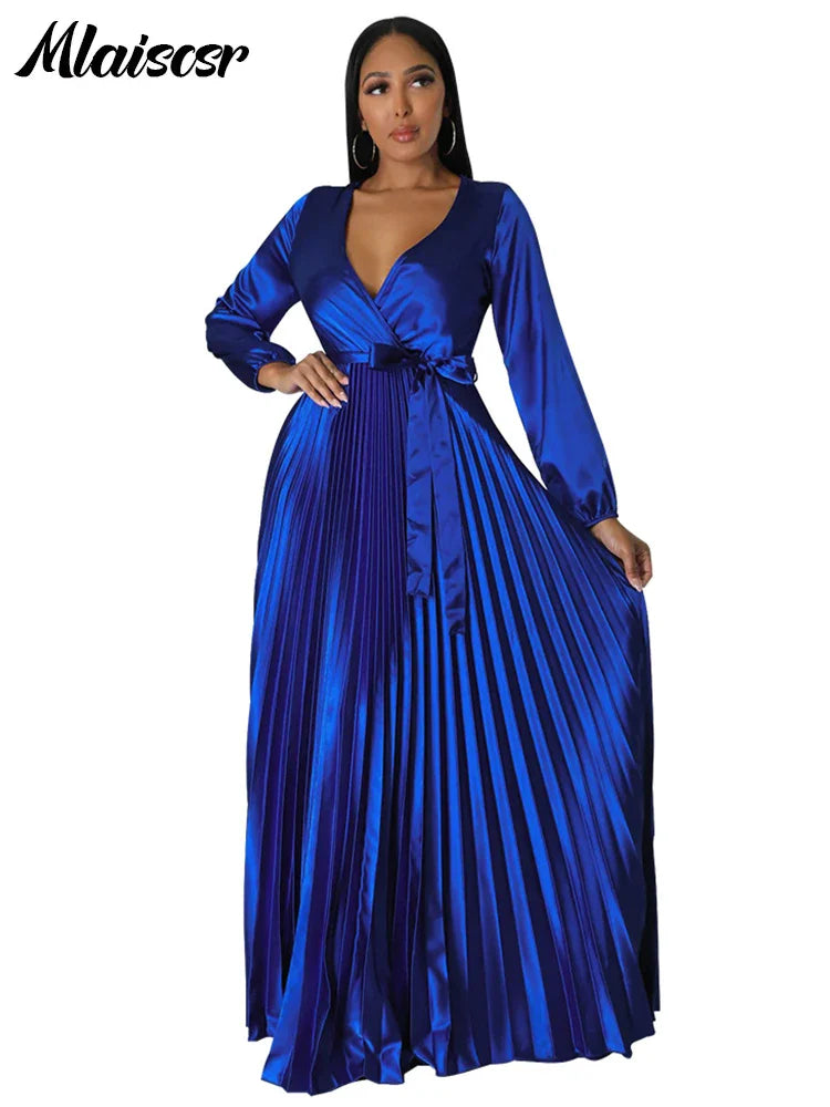 Stylish A-line silhouette of the Mlaiscsr women's floor-length gown, highlighting its flattering empire waist and sophisticated V-neck neckline.