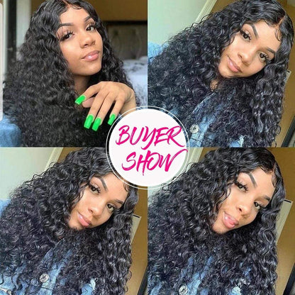 Elegant display of Brazilian Remy hair bundles in luxurious curly deep wave style, highlighting the high-quality and natural sheen of 100% human hair.