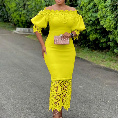 Model showcasing the elegant women's lace midi dress with off-shoulder sleeves, highlighting its flattering silhouette and refined style.