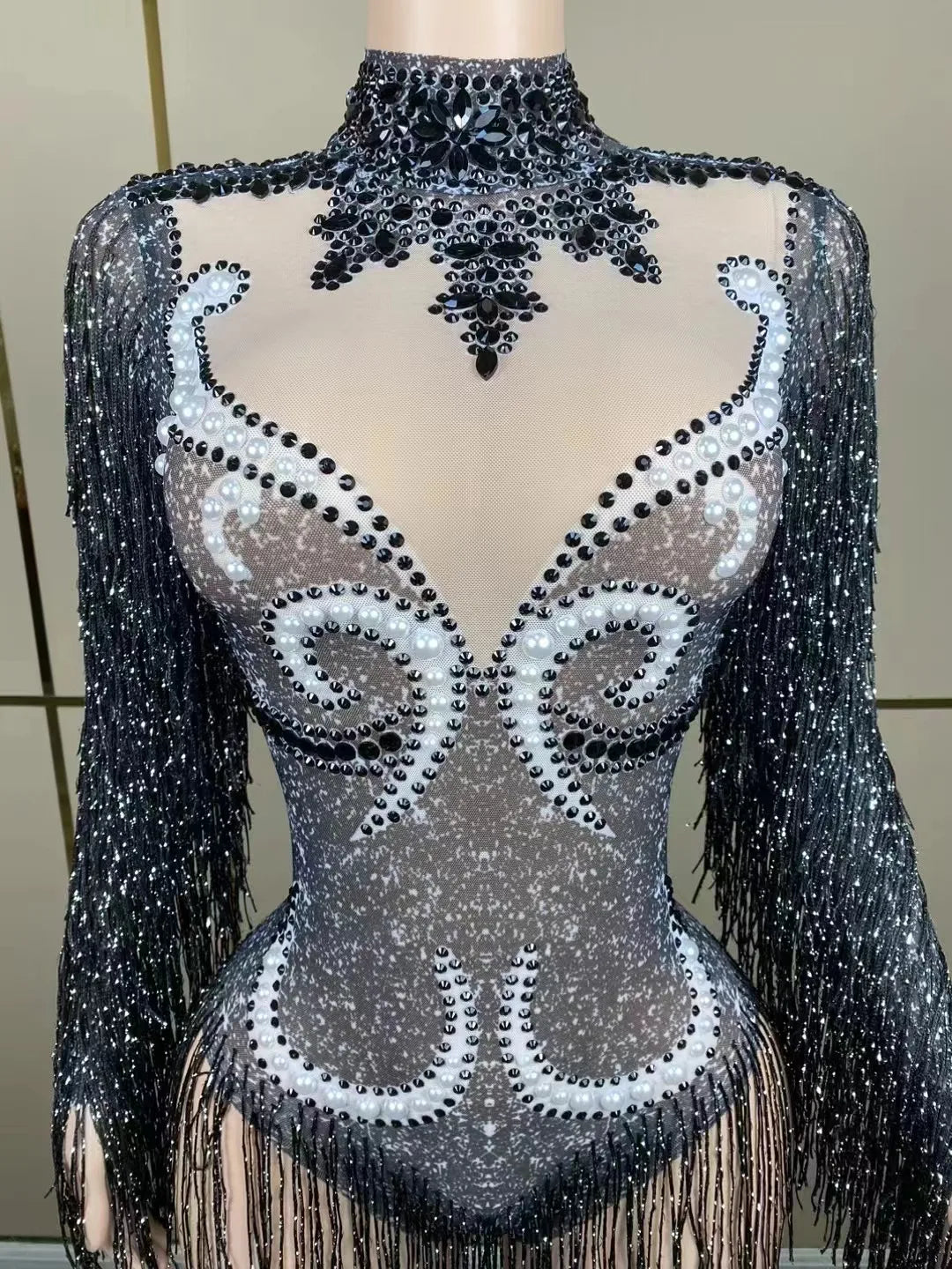 Full view of a luxury women's cha-cha dance practice outfit, designed with a sleek silhouette and beautiful fringe detailing for graceful movement.