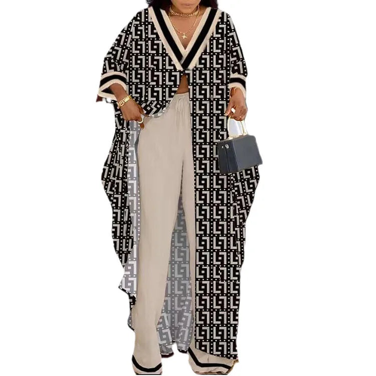 Sophisticated casual wear set for women, including a statement V-neck blouse with unique letter print and matching wide leg pants.