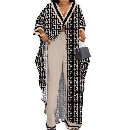 Sophisticated casual wear set for women, including a statement V-neck blouse with unique letter print and matching wide leg pants.