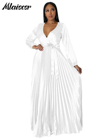 Mlaiscsr Women's Elegant V-Neck Lantern Sleeve Floor-Length Pleated Swing Dress in luxurious polyester, perfect for weddings and parties, featuring a delicate A-line silhouette and empire waistline, epitomising sophisticated style for middle-aged women.
