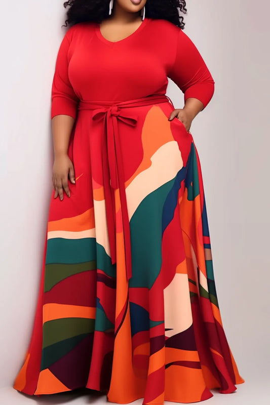 Elegant plus size women’s casual red maxi dress with a stylish geometric print and practical pockets, perfect for all seasons.