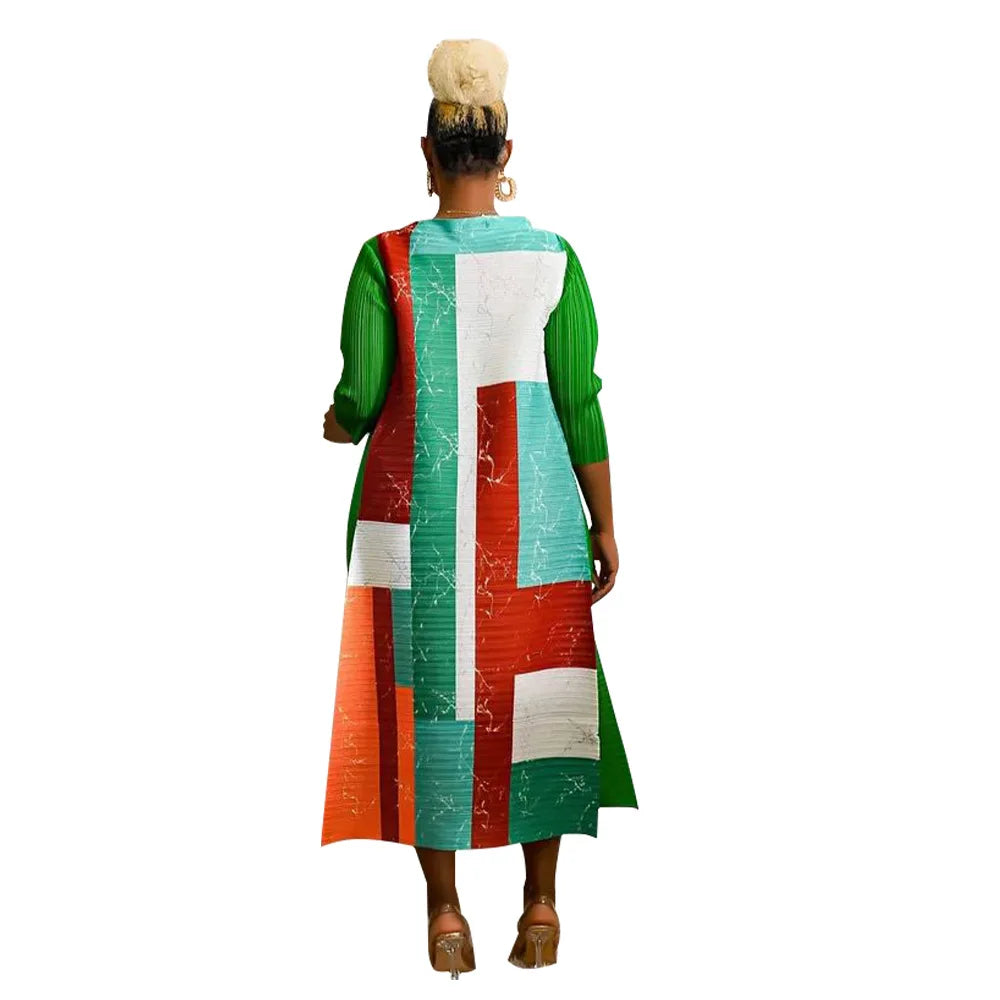 Stunning African Plus Size O-Neck Dress with elegant pleating and stylish 3/4 sleeves, ideal for showcasing traditional fashion with a modern twist.
