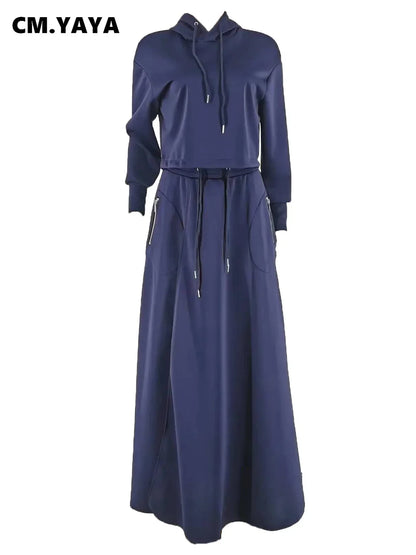 Sophisticated CM.YAYA Women's A-Line Maxi Skirt paired with a cozy Long Sleeve Hooded Sweatshirt, crafted from high-quality blended fabric.
