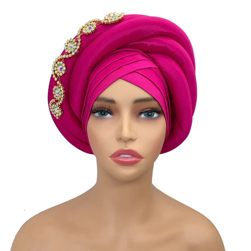 Close-up view of the Gorgeous Twisted Braid Turban Cap, highlighting the luxurious raw silk texture and intricate beading details, perfect for special events.