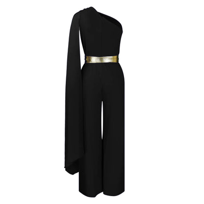 Elegant one-shoulder high-waisted jumpsuit for women, featuring distinctive flying sleeves and a sophisticated silhouette, suitable for chic evening outings.