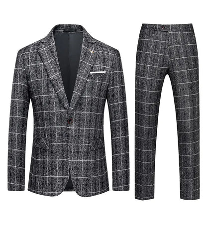 Elegant men's suit ensemble featuring a single-breasted jacket and tailored trousers, ideal for autumn weddings and business events.