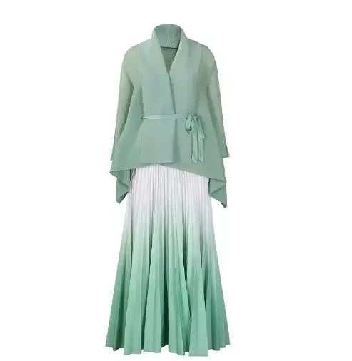 Stylish outfit flat lay of CM.YAYA Women's Gradient Blouse and Pleated Skirt, perfect for high-street autumn/winter looks.