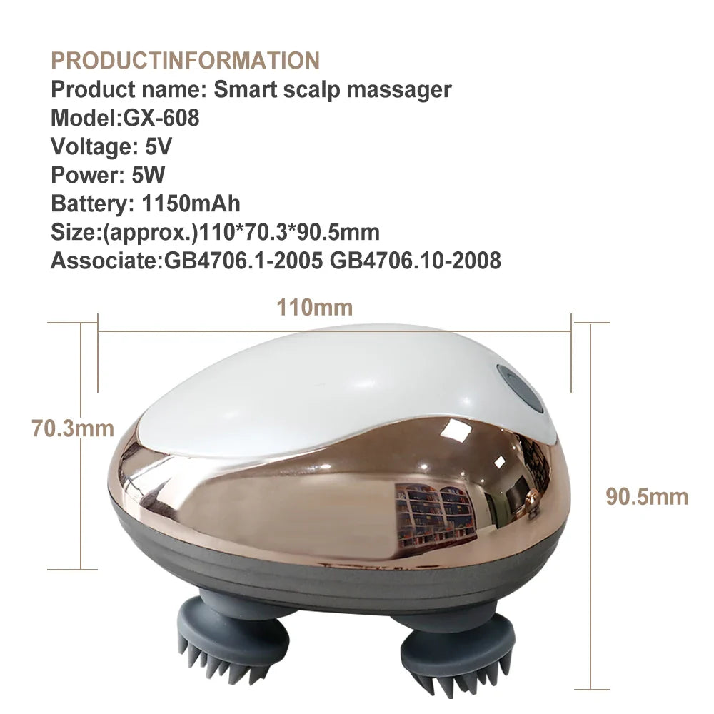 Luxury rechargeable electric scalp massager designed for hair growth, featuring a sleek waterproof silicone body and ergonomic handheld design.