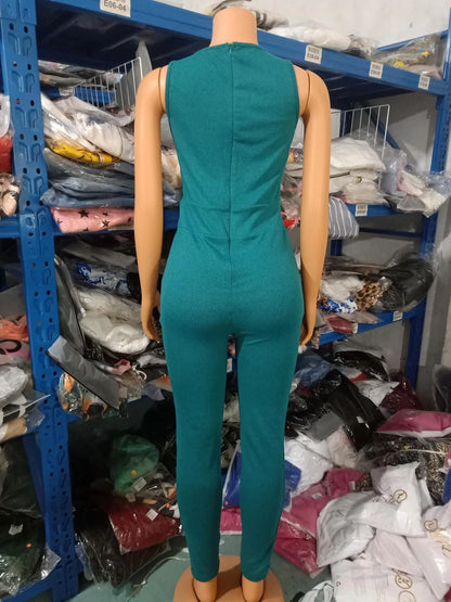 Elegant side view of a women’s jumpsuit set showcasing its modern high waist design and functional drawstring pockets, ideal for fashionable outings.