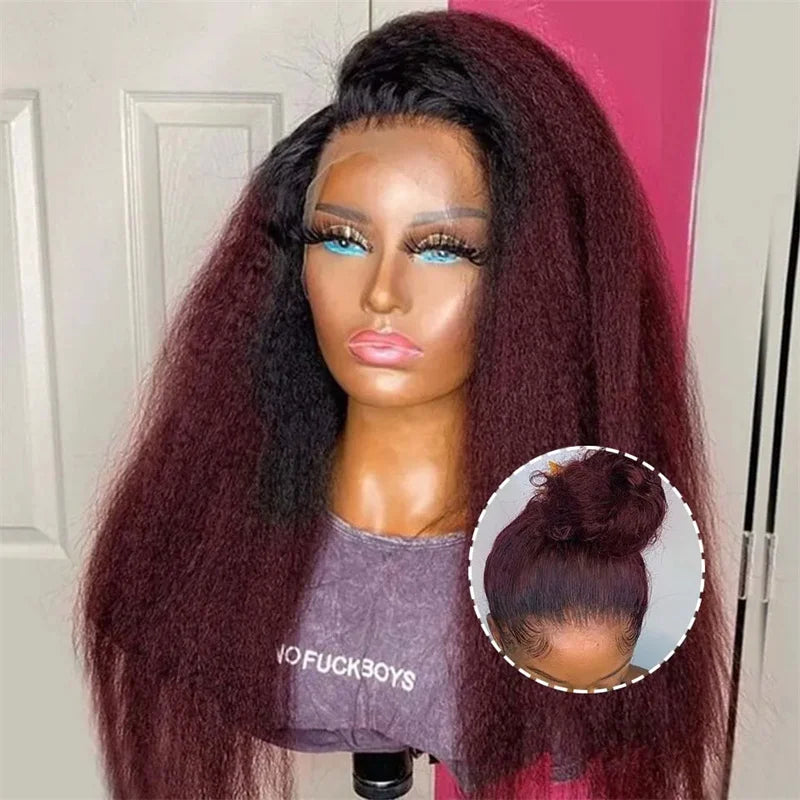 Luxury long ombre 99J 30" kinky straight lace front wig showcasing exquisite preplucked baby hair design, ideal for elegant daily wear.