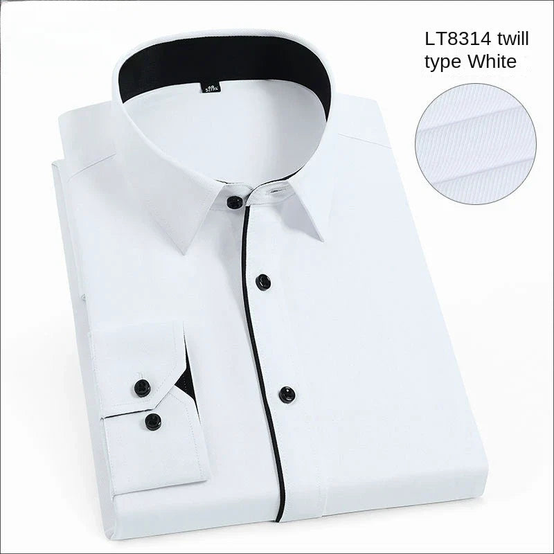 Stylish long sleeve white dress shirt for men, featuring a contemporary square collar and single-breasted closure, perfect for enhancing modern casual attire.