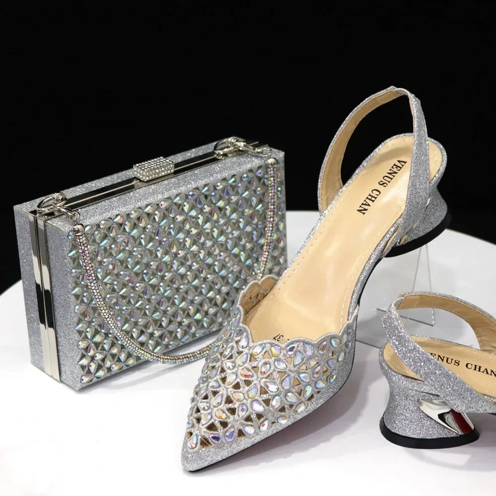 Stunning gold women's handbag set complementing luxury rhinestone shoes, perfect for evening events and weddings.