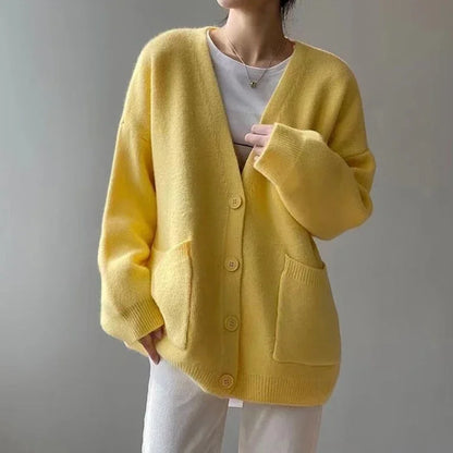 Sophisticated Rimocy yellow knitted cardigan for women, designed with a loose fit and V-neck collar, showcasing elegant styling for the autumn and winter seasons.