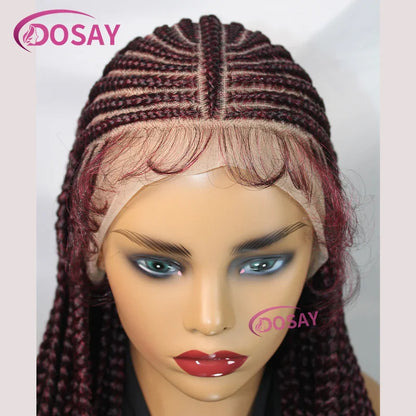 Elegant 32-inch full lace knotless braided wig featuring handmade Swiss lace and natural baby hair, perfect for a sophisticated look.