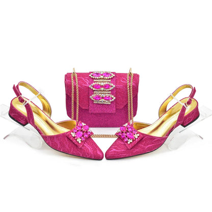 Elegant rhinestone low heel pumps for women in green, perfect for parties and weddings, paired with a matching purse.