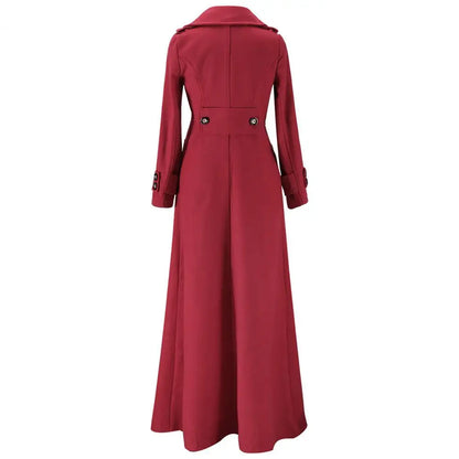 Luxurious women's woolen long trench coat featuring a chic single button closure and elegant turn-down collar, perfect for winter fashion.