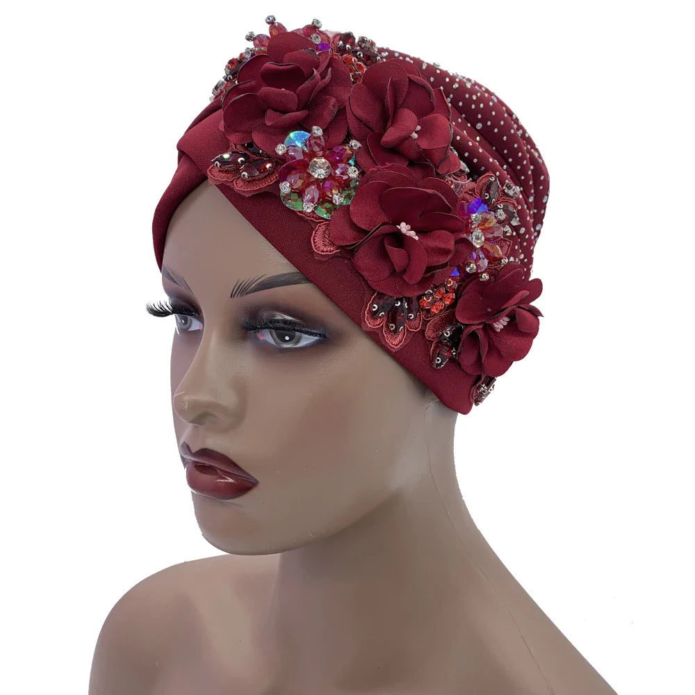 Fashionable African turban cap for adult women, crafted from quality polyester with slight stretch for comfort and elegance.