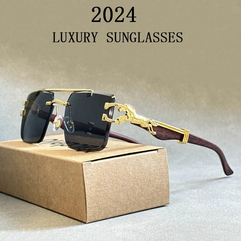 Elegant personal styling of luxury sunglasses with square rimless design, highlighting anti-reflective and UV400 lens attributes for optimal eye protection.