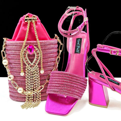 Luxury olive green high heel peep toe pumps embellished with rhinestones, paired with a matching bag set, designed for women in size 38-43 for an elegant party look.