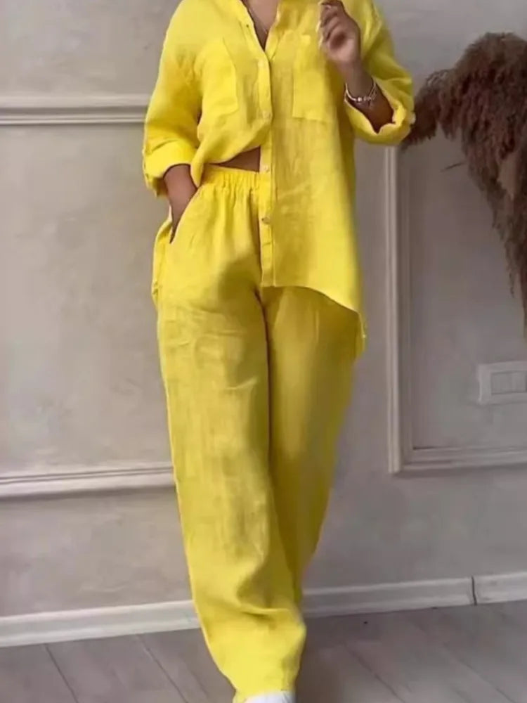 Women's luxurious casual 2 piece set featuring a long sleeve pocket shirt and loose wide-leg pants, perfect for spring and autumn fashion.
