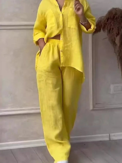 Women's luxurious casual 2 piece set featuring a long sleeve pocket shirt and loose wide-leg pants, perfect for spring and autumn fashion.