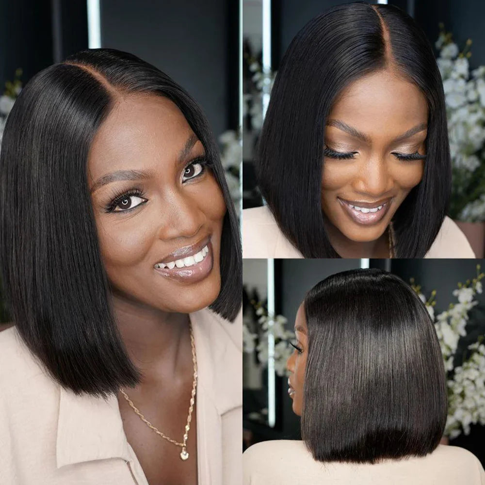 Chic straight hairstyle of the Brazilian hair bob wig demonstrating its natural shine and texture for a sophisticated look.