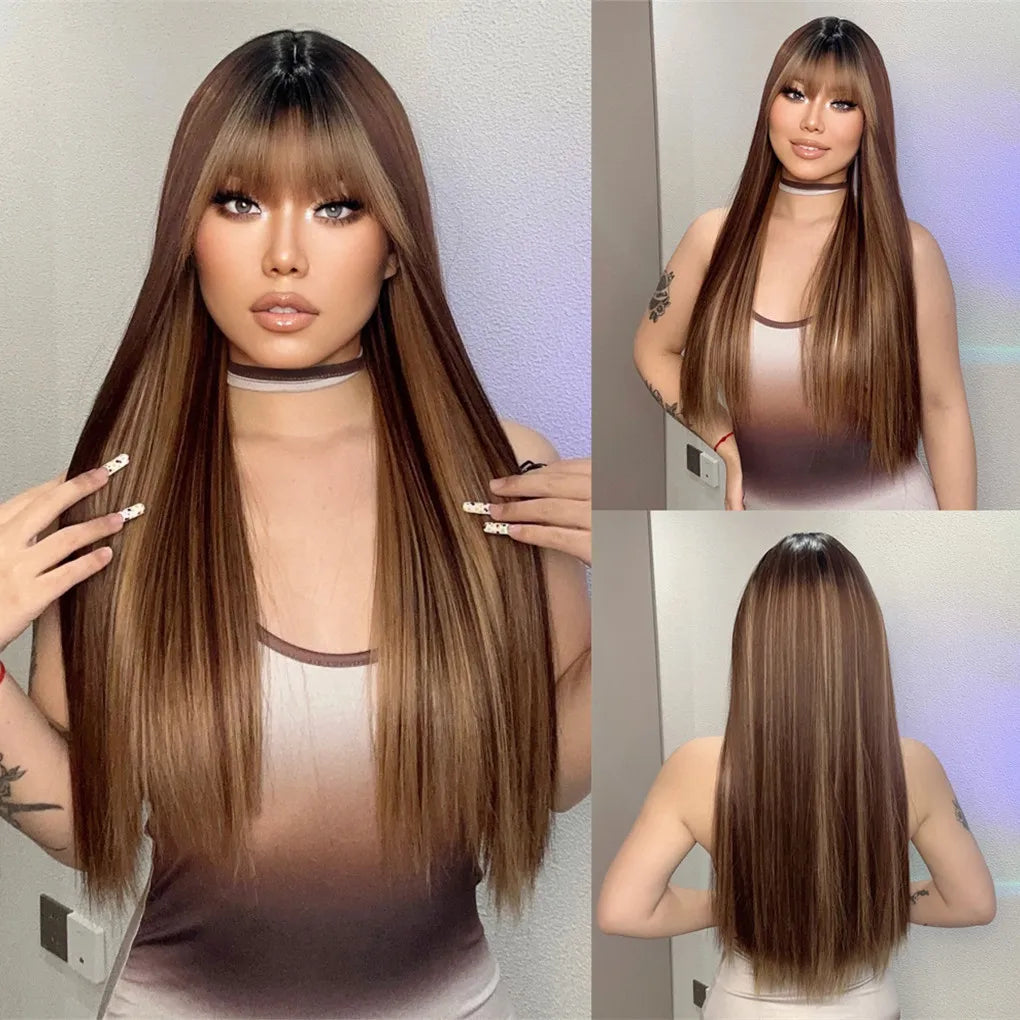Chic long synthetic wig with bangs, elegantly styled in black and red for striking looks.