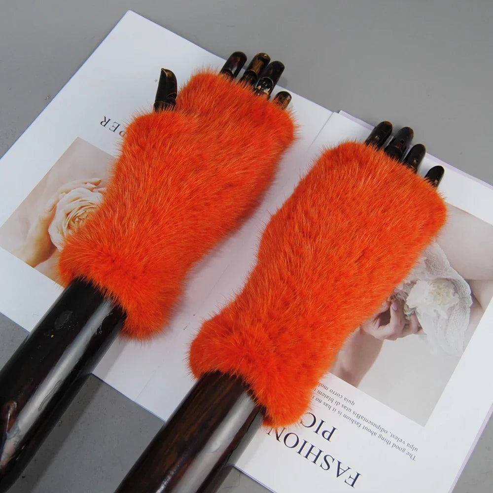 Stylish and warm knitted half finger gloves made of 100% real mink fur, ideal for the modern woman who values luxury and practicality.
