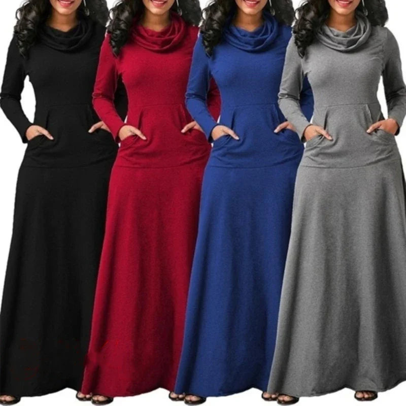 Plus Size Elegant Women’s Ankle-Length Maxi Dress with High Collar by Hot Trends Area, perfect for autumn and winter.