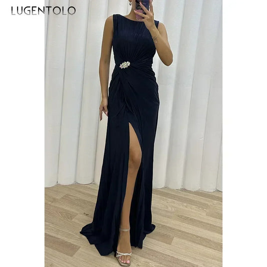 Luxurious ankle-length A-line dress for women featuring a solid pattern and an elegant fit, ideal for sophisticated evening wear.