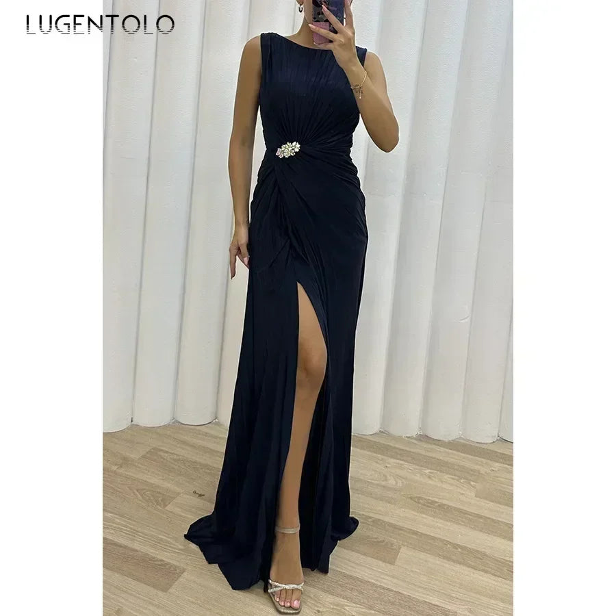 Luxurious ankle-length A-line dress for women featuring a solid pattern and an elegant fit, ideal for sophisticated evening wear.