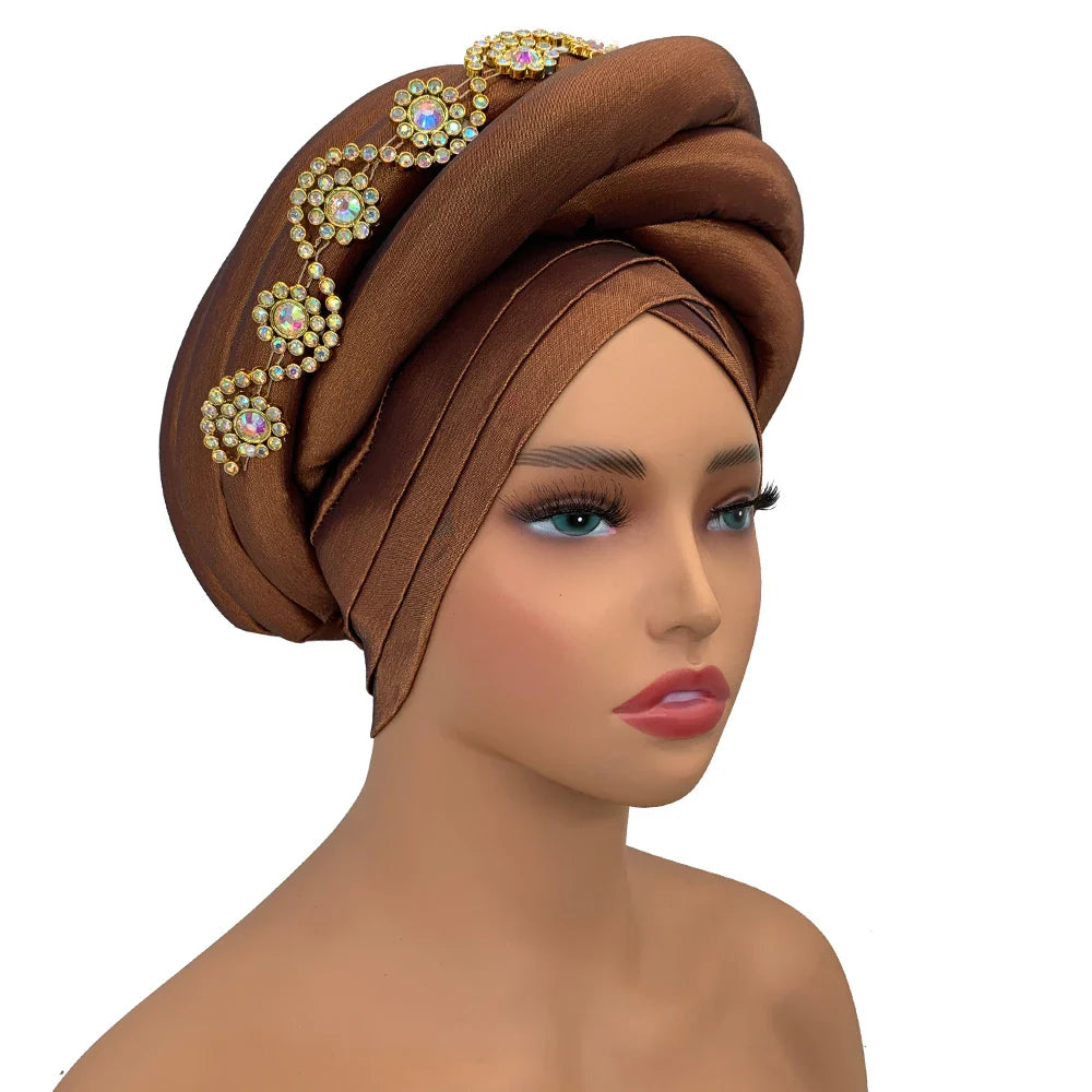 Beautifully styled party-ready turban cap, showcasing its chic design and versatility as a fashionable hijab alternative for elegant occasions.