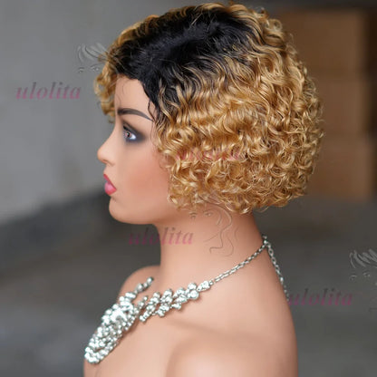 Stylish Ombre Blonde T1B27 Pixie Cut Curly Bob Wig featuring voluminous bouncy curls, designed for a luxurious look, made with premium Remy human hair.