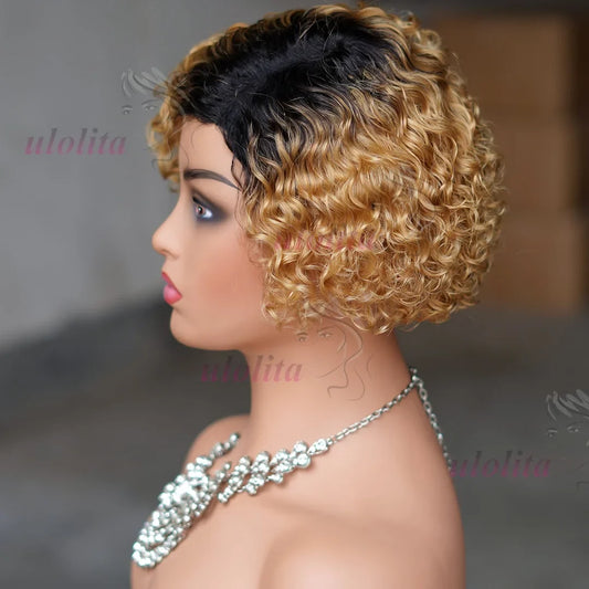 Stylish Ombre Blonde T1B27 Pixie Cut Curly Bob Wig featuring voluminous bouncy curls, designed for a luxurious look, made with premium Remy human hair.