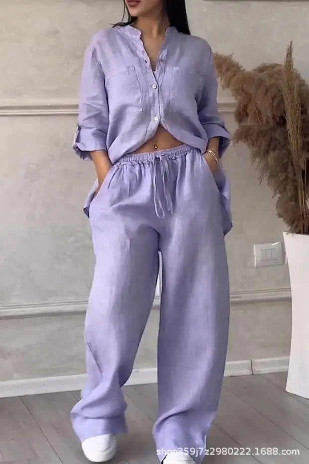 Stylish composition of our Women's Casual 2 Piece Set, showcasing the chic long sleeve shirt paired with loose wide leg trousers, perfect for spring and autumn outings.