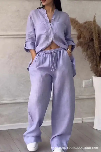 Stylish composition of our Women's Casual 2 Piece Set, showcasing the chic long sleeve shirt paired with loose wide leg trousers, perfect for spring and autumn outings.