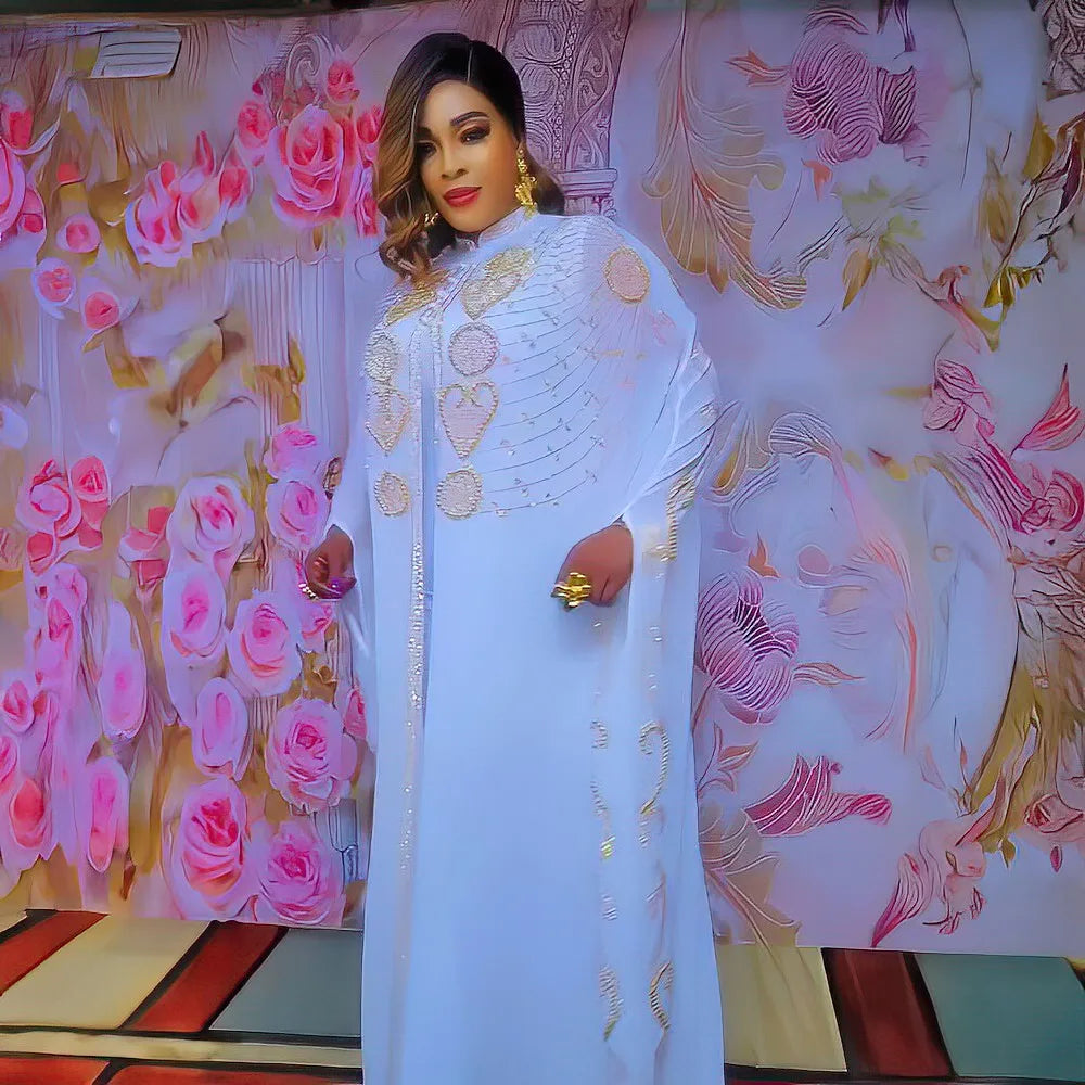 Elegant Luxury Rhinestone Two-Piece Chiffon African Dress Set for Women in Plus Sizes, showcasing Bubu style, designed by Amunyelia from Guangdong, China.