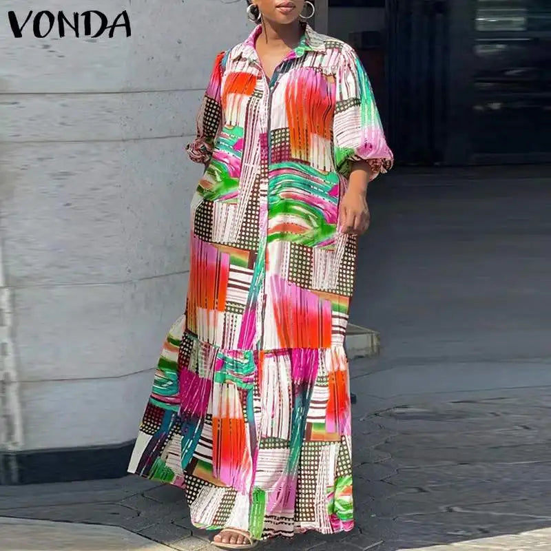 VONDA Plus Size Bohemian Maxi Dress for Women in vibrant orange and yellow prints, showcasing elegant long sleeves and a turn-down collar for a luxurious look.
