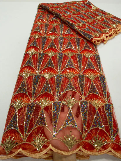 120cm wide Kalume lace fabric with stunning sequins, a perfect choice for creating sophisticated dresses.